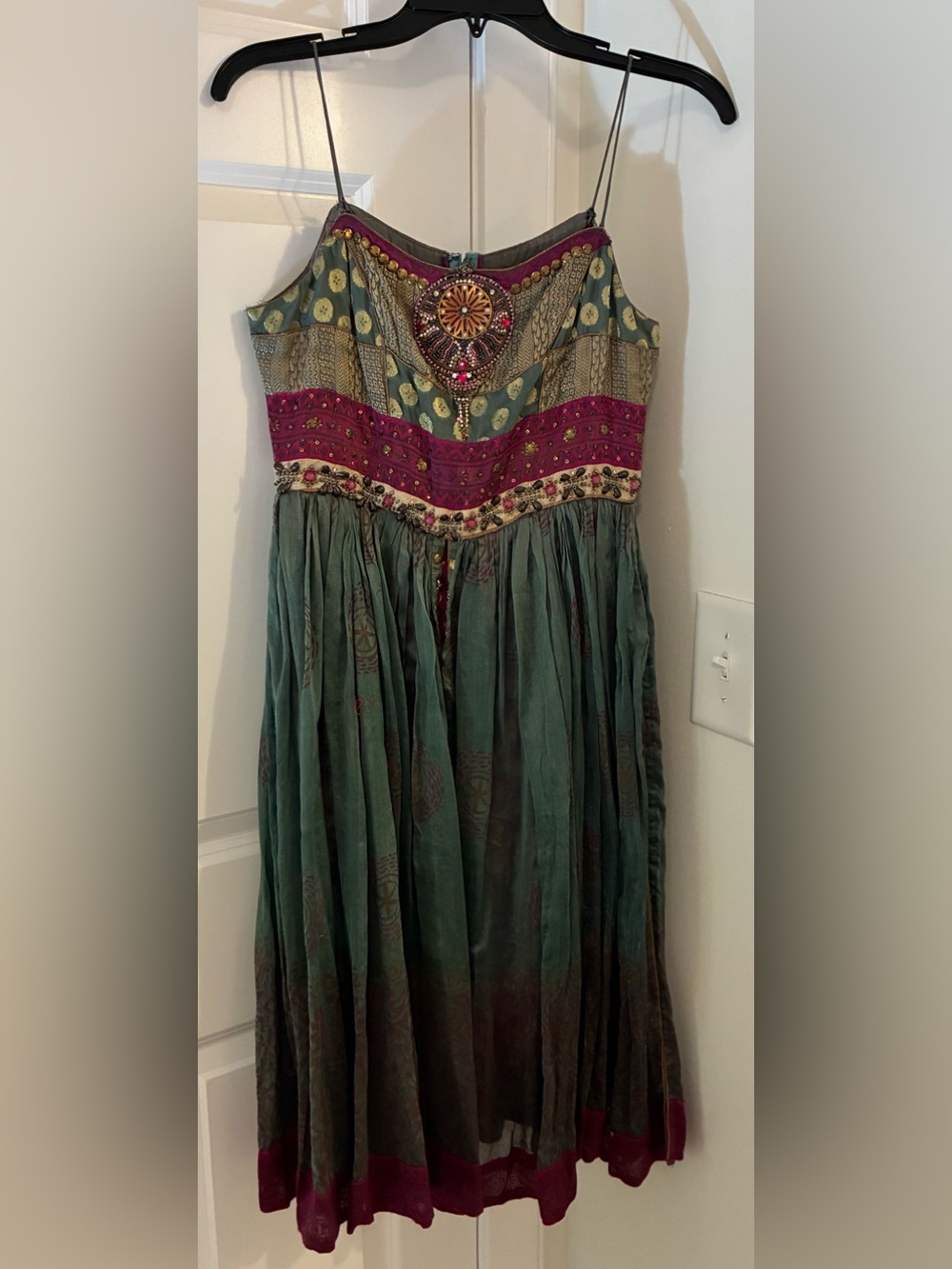 Karishma Ethnic Indian Wear Green and Magenta Embellished Spaghetti-Strap Dress